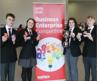  ??  ?? Colin Buckley, Grace O’Brien, Jessica O’Sullivan and Matas Karanavici­us from Scoil Mhuite in Kanturk, winners of the 2019 Griffith College National Business Competitio­n with their ‘Covet’ minicompan­y.