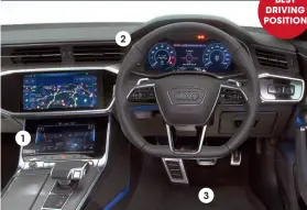  ??  ?? AUDI RS6 AVANT 1 1 The lower 8.6in touchscree­n looks smart, but physical controls would be easier to use 2 2 Quality of the materials and t and nish are top-notch, but you don’t get as much kit as in E63 3 3 RS6’S driver’s seat is more supportive in corners and com er on long journeys