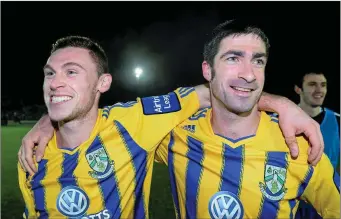  ??  ?? Kevin O’Connor, right, and John Mulroy celebrate after helping Bray Wanderers to overcome Longford Town in the Airtricity League Promotion/Relegation play-off in 2013.