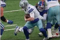  ?? RICH HUNDLEY III — FOR THE TRENTONIAN ?? Giants defensive lineman Leonard Williams (99) sacks Dallas Cowboys quarterbac­k Andy Dalton (14) during a game at MetLife Stadium last season.