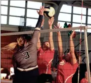  ??  ?? GNTC’s Madalyn Morrison goes up for a kill during last week match against the Bryan College JV team. (Messenger photo/Scott Herpst)