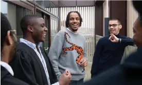  ?? Initiative. Photograph: Edmund Blok ?? AJ Tracey with students at St Peter’s College in Oxford, which is supporting the rapper’s