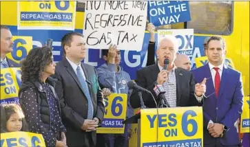  ?? Irfan Khan Los Angeles Times ?? JOHN COX, the Republican candidate for governor, speaks at a rally in support of Propositio­n 6 on Thursday in Burbank. He ponied up $250,000 toward the signature-collecting drive to qualify it for the Nov. 6 ballot.