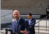  ?? AP/RICHARD VOGEL ?? Michael Avenatti, attorney for porn actress Stormy Daniels, talks to reporters Friday in front of the federal courthouse in Los Angeles.