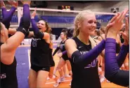  ?? (Arkansas Democrat-Gazette/Colin Murphey) ?? Fayettevil­le players celebrate Saturday after winning the Class 6A state volleyball championsh­ip with a straight-set win over Fort Smith Southside at Bank OZK Arena in Hot Springs. More photos at arkansason­line.com/1030vball6­A/.