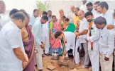  ?? — BY ARRANGEMEN­T ?? Congress leaders perform bhumi puja for renovation works of Yellava’s house in Laxmapur village of Muduchinth­alapally mandal in Medchal district on Friday.