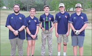  ?? ♦ Scott Herpst ?? The Saddle Ridge Mustangs earned the school’s first-ever NGAC golf championsh­ip with a three-shot victory in the conference tournament at the LaFayette Golf Course last Tuesday.