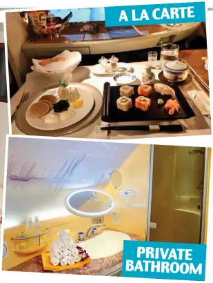  ??  ?? A LA CARTE High flying: A Singapore Airlines double suite, main. Above and inset, the Emirates first-class experience and bar PRIVATE BATHROOM