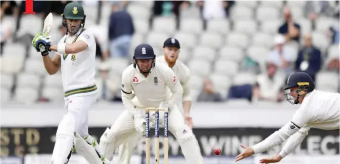  ??  ?? MANCHESTER: England’s Keaton Jennings, right, dives in but misses a catch from South Africa’s captain Faf du Plessis, left, during day four of the Fourth Test at Emirates Old Trafford in Manchester, England, yesterday.— AP