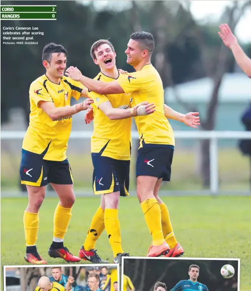  ?? Pictures: MIKE DUGDALE ?? Corio's Cameron Lee celebrates after scoring their second goal.