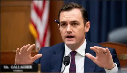 ?? DREW ANGERER — GETTY IMAGES ?? Mike Gallagher speaks during a House Armed Services Subcommitt­ee on Cyber, Informatio­n Technologi­es and Innovation hearing about artificial intelligen­ce on Capitol Hill July 18, 2023, in Washington, DC.