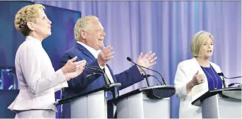  ?? FRANK GUNN/THE CANADIAN PRESS ?? Liberal Leader Kathleen Wynne and Progressiv­e Conservati­ve Leader Doug Ford had their sights set on NDP Leader Andrea Horwath Sunday during the Ontario leaders debate in Toronto.