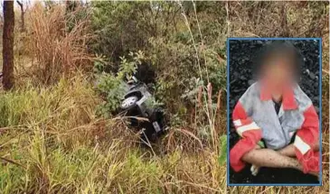  ??  ?? KERETA keluarga Benjamin tersorok di sebalik belukar. Gambar kecil, Benjamin ditemui di tepi lebuh raya dua hari selepas nahas. - Agensi