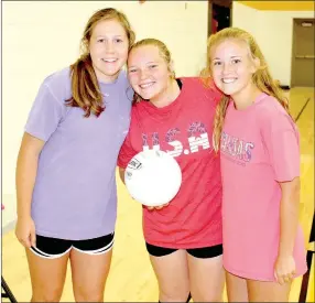  ?? MARK HUMPHREY ENTERPRISE-LEADER ?? Sophomore Emily Traylor (left), freshman Madie Hutchison, and freshman Sydney Stearman are ready to contribute to Prairie Grove volleyball. The Lady Tigers attend a camp at Hendrix College this week as a final tuneup for the upcoming season.