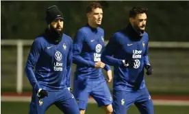  ?? Photograph: Franck Fife/ AFP/Getty Images ?? Hugo Lloris (right), being put through his paces at France’s training camp in Clairefont­aine-en-Yvelines, said his side ‘have to show respect’ in Qatar.