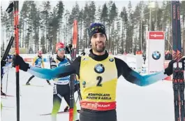  ?? FOTO: AP/NTB SCANPIX ?? PUNKTUM: Martin Fourcade ga seg etter lørdagens renn, og sørget for et flott punktum med seier i Kontiolaht­i.