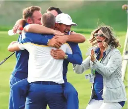  ?? Reuters ?? Members of the Team Europe celebrate after winning the Ryder Cup at Le Golf National in Guyancourt, outside Paris, yesterday.