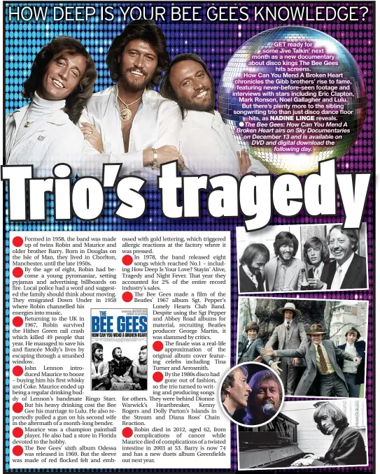  ??  ?? GET ready for some Jive Talkin’ next month as a new documentar­y about disco kings The Bee Gees hits screens.
How Can You Mend A Broken Heart chronicles the Gibb brothers’ rise to fame, featuring never- before- seen footage and interviews with stars including Eric Clapton, Mark Ronson, Noel Gallagher and Lulu. But there’s plenty more to the sibling songwritin­g trio than just disco dance floor hits, as reveals.