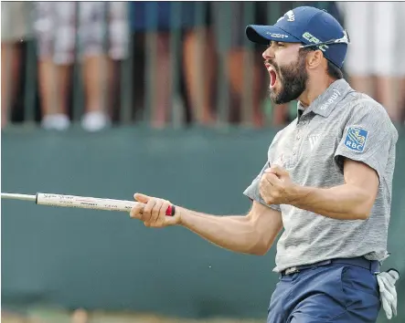  ?? MIKE CARLSON/THE ASSOCIATED PRESS/FILES ?? Adam Hadwin, seen after sinking the final putt to win the Valspar Championsh­ip in March, credits changes in his life “off the course” for helping his game improve over the last year. “It’s just, go out and do my business, enjoy it, have a good...