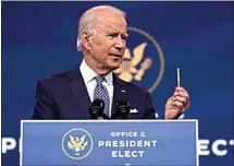  ?? CAROLYN KASTER / AP ?? President-elect Joe Biden speaks at The Queen Theater in Wilmington, Del., Tuesday.