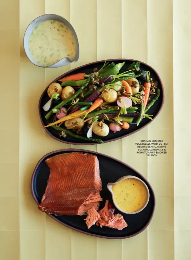  ?? ?? BRAISED SUMMER VEGETABLES WITH VUTTER BEURRE BLANC, NATIVE BUSH HOLLANDAIS­E & PŌHUTUKAWA SMOKED SALMON