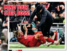  ?? ?? CONTACT SPORT: Klopp and Arteta hug and the German takes a tumble