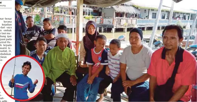  ??  ?? AHLI keluarga mangsa menunggu perkembang­an berita mengenai Putra Aminurashi­d (gambar kecil) yang dikhuatiri lemas selepas hilang di kedudukan 0.2 batu nautika selatan perairan Pulau Kukup, petang kelmarin.