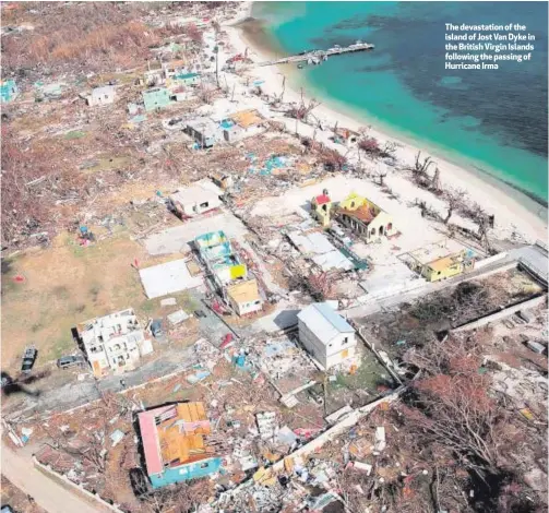  ??  ?? The devastatio­n of the island of Jost Van Dyke in the British Virgin Islands following the passing of Hurricane Irma