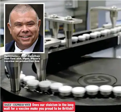  ??  ?? Optimistic... Prof Jonathan Van- Tam and, right, Pfizer’s vaccine on production line