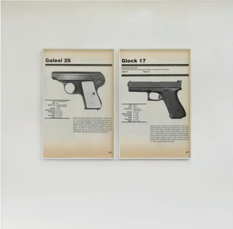  ??  ?? FIREARMS, 2019, digital pigment prints in artist frames. 58 parts, each 112,5 x 74 x 5 cm Installati­on view Galerie Buchholz, Köln 2019