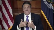  ?? Office of the NY Governor via AP ?? New York Gov. Andrew Cuomo addresses accusation­s of sexual harassment during a news conference on Wednesday in Albany, N.Y.