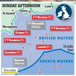  ??  ?? Armada: French boats, marked in red, off Cornwall