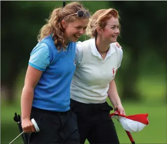  ??  ?? Sligo and Connacht’s Maeve Rooney and Ulster’s Emma Forbes half their singles match during the ILGU Interprovi­ncial matches at Slieve Russell. Vicki Conlon from Enniscrone is also part of the Connacht team.