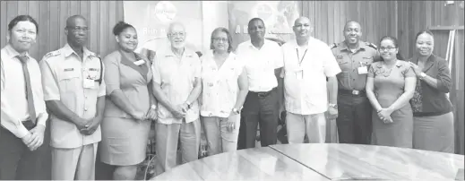  ??  ?? In photo from left to right: Ronald Smith (GTA), Whitney Bacchus (GPF), Shevon Cobis (District Developmen­t Officer Region 7); Kit & Gem Nascimento (Hurakabra River Resort), Godfrey Babb (MARAD), Satesh Basdeo (GRA), Lieut. Adrian McLean (GDF Coast...