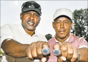  ?? Peter Hvizdak / Hearst Connecticu­t Media ?? The Walter Camp Football Foundation golf tournament held a Ring of Honor Ceremony for former NFL players Tim Brown, left, and Tony Dorsett Monday at Race Brook Country Club.