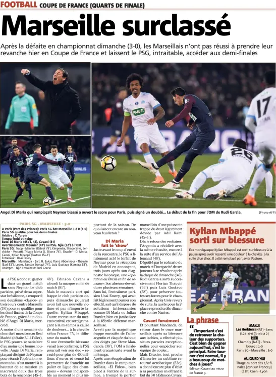  ?? (Photo AFP) ?? Angel Di Maria qui remplaçait Neymar blessé a ouvert le score pour Paris, puis signé un doublé... Le début de la fin pour l’OM de Rudi Garcia. L’ex monégasque Kylian Mbappé est sorti sur blessure à la pause après avoir ressenti une douleur à la...