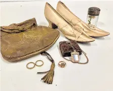  ??  ?? Memories:
Clockwise from top left: Jack Butler Yeats; the trunk that lay hidden in a bank vault for decades; items from Jack’s wedding to Cottie White, including a pair of satin dress shoes and the couple’s rings; and a pocket watch belonging to Jack