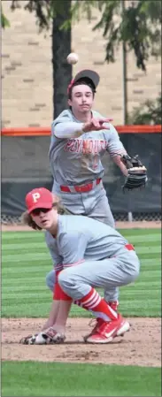  ?? PILOT PHOTO/KATHY HALL ?? Plymouth second baseman Preston Wolfe ducks to allow shortstop Caden Weidner to make a throw to first.