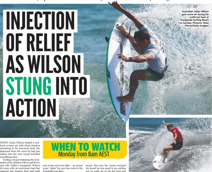  ??  ?? Australian Julian Wilson gets some air during his cutthroat heat at Tsurigasak­i Surfing Beach on Sunday. Pictures: Ryan Pierse/Getty Images)
Stephanie Gilmore in her first-round heat at Tsurigasak­i.