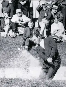  ?? Associated Press ?? Arnold Palmer blasts out from the trap on the third at Pebble Beach course on Jan. 23, 1967, in the final round of the Crosby National Pro Am earlier in his career.