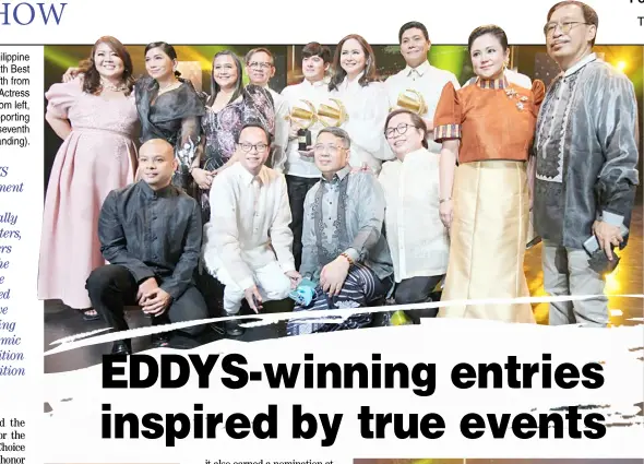  ?? ?? THE Society of Philippine Entertainm­ent Editors with Best Actor Christian Bables (fifth from left, standing), Best Actress Charo Santos (sixth from left, standing), and Best Supporting Actor Mon Confiado (seventh from left, standing).
