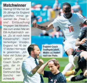  ??  ?? England-coach Southgate jubelt, Modric (u.) hadert nach der Pleite.