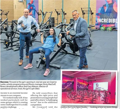  ?? ?? Success Pictured at the gym opening in July last year are Graeme Lackie, activity programmin­g and fitness manager, Kirsty Macduff, fitness developmen­t officer and Gary Watson, director of operationa­l services. Inset, the gym’s spin bikes