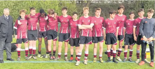  ??  ?? Year 11 Wilmslow team which beat All Hallows 6-3 in the U16 final, pictured with Gareth White from sponsor Bennettbro­oks