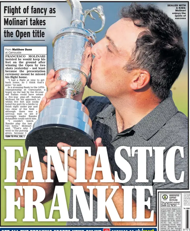  ??  ?? SEALED WITH A KISS: Molinari enjoys the spoils of success