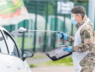  ?? Picture: Ministry of Defence/corporal Anil Gurung ?? Soldiers from 1st Battalion The Royal Welsh assist with the coronaviru­s mobile testing unit at Oxstalls Tennis Centre, in Gloucester