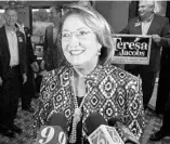  ?? STEPHEN M. DOWELL/STAFF PHOTOGRAPH­ER ?? Teresa Jacobs, candidate for Orange County School Board chair, speaks to reporters after winning Tuesday night. Jacobs had more than 52 percent of the vote.