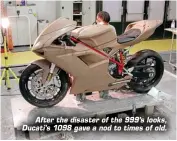  ??  ?? After the disaster of the 999’s looks, Ducati’s 1098 gave a nod to times of old.