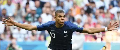  ?? Picture: AFP ?? BRACE. French striker Kylian Mbappe celebrates after scoring his second goal in their 4-3 win over Argentina in the last-16 of the World Cup at Kazan Arena on Saturday.