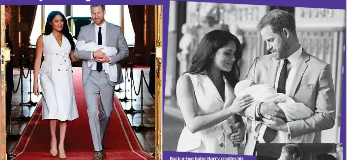  ??  ?? First glimpse: The Duke and Duchess show off baby Archie on Instagram Rock-a-bye baby: Harry cradles his boy as Meghan looks on lovingly